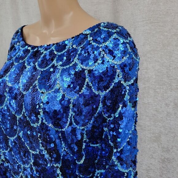 Isabelle 80s Vintage Silk Beaded Sequin Blouse Mermaid Fishscale Pattern Blue - Picture 2 of 9